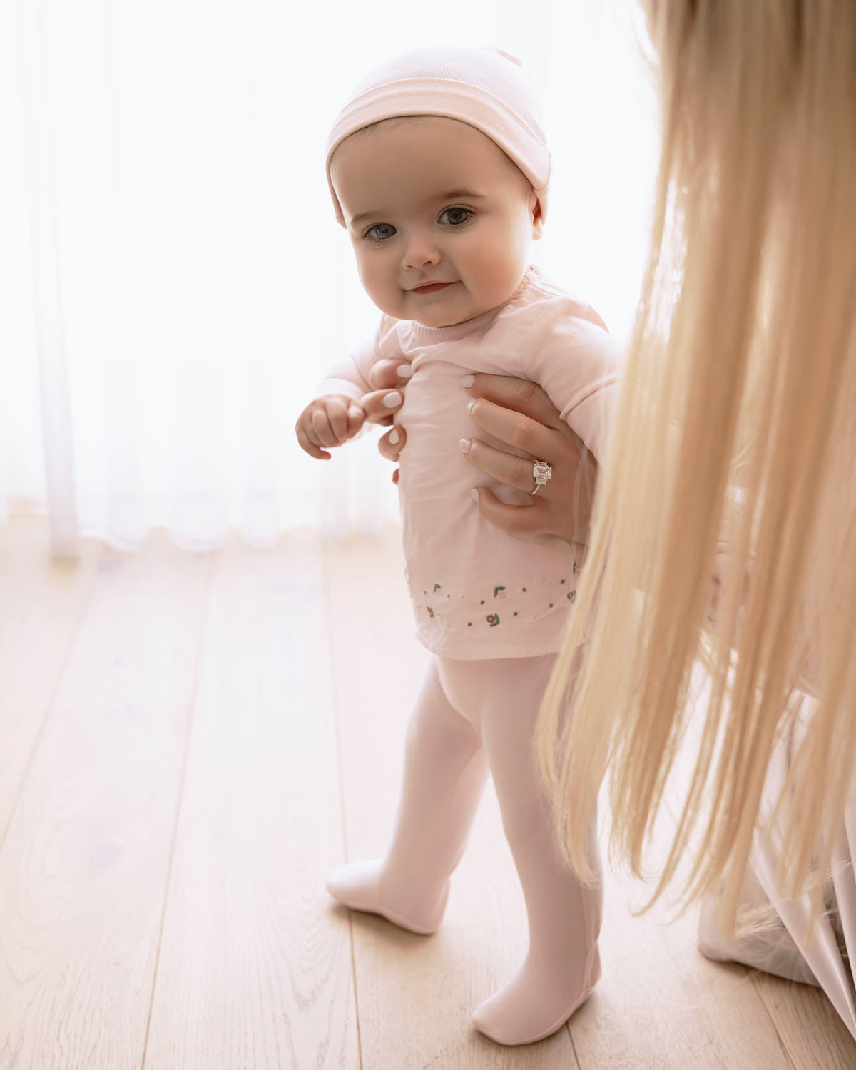 Baby Girls Flouncy Floral Overlay Embroidered Cotton Rich Footie