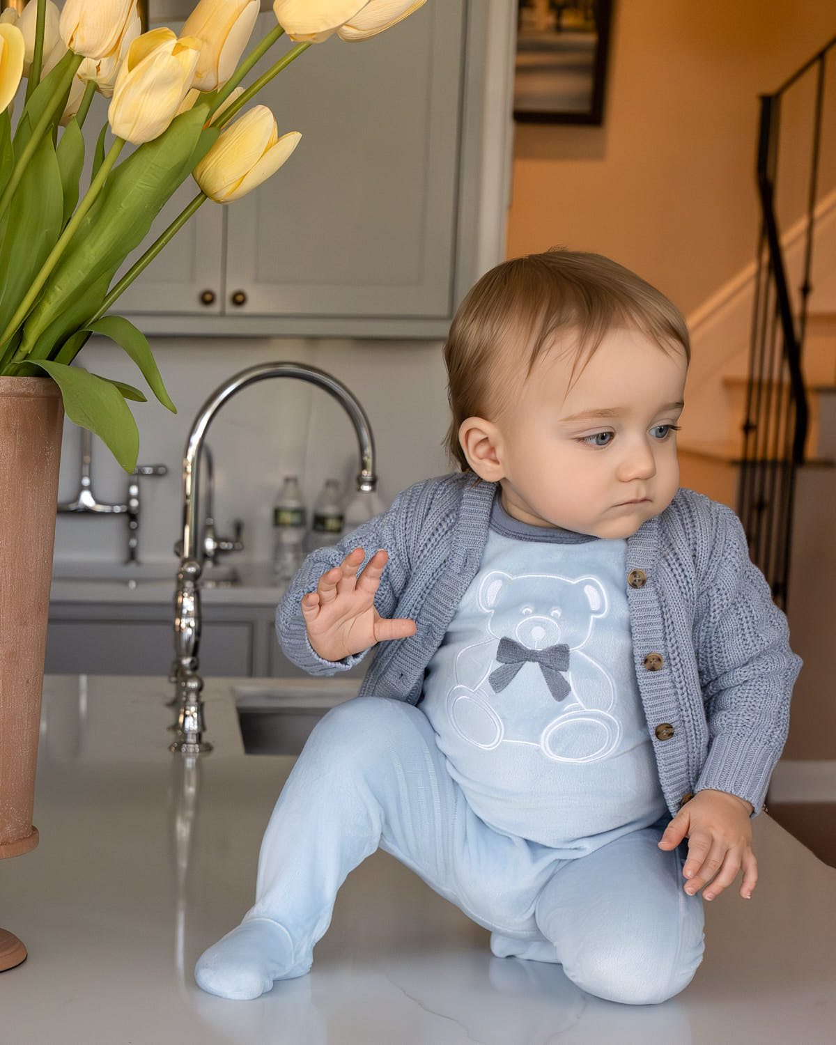 Baby and Toddler "Teddy Snuggles" Embossed Cotton Rich Velour Footie