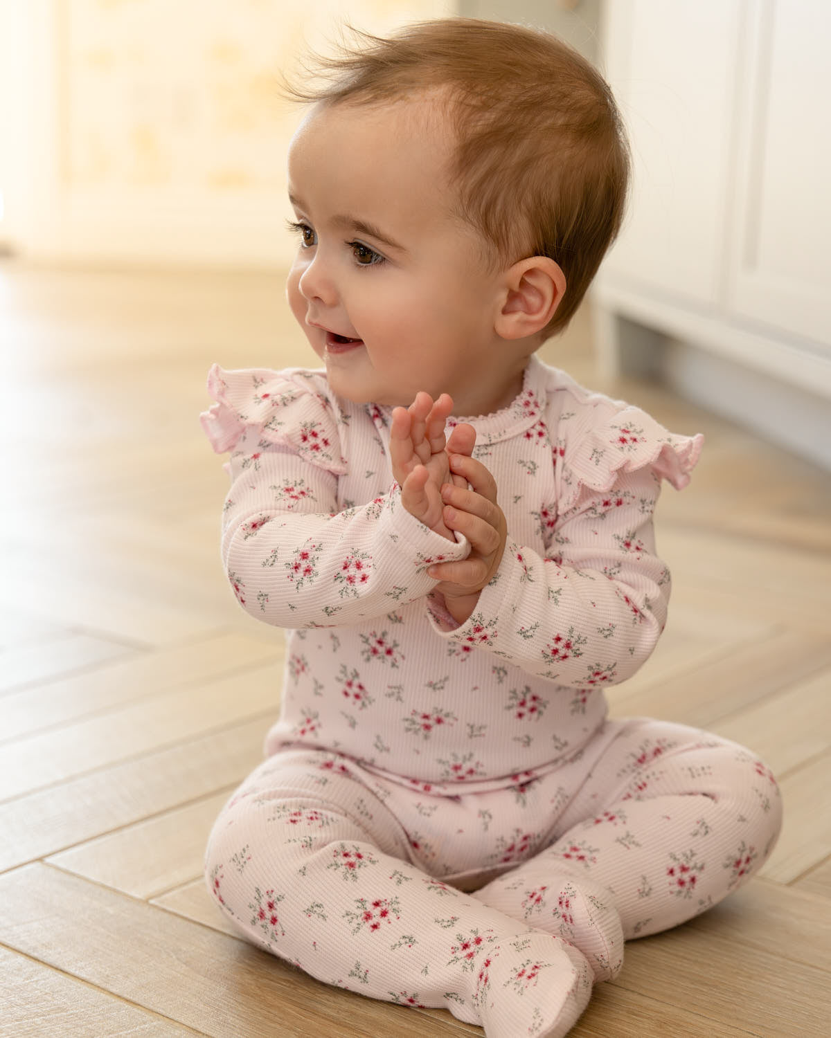 Baby and Toddler Girls Cotton Rich Ruffle-Sleeve Floral Footie