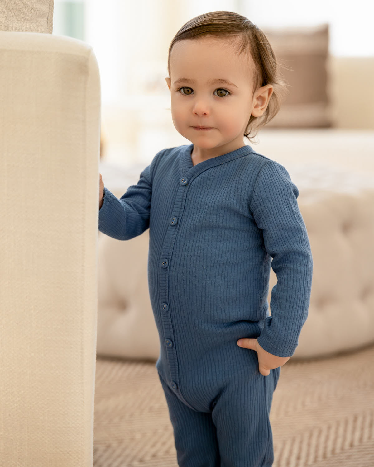 Baby and Toddler Solid Color Ribbed Cotton Blend Button-Down Footie