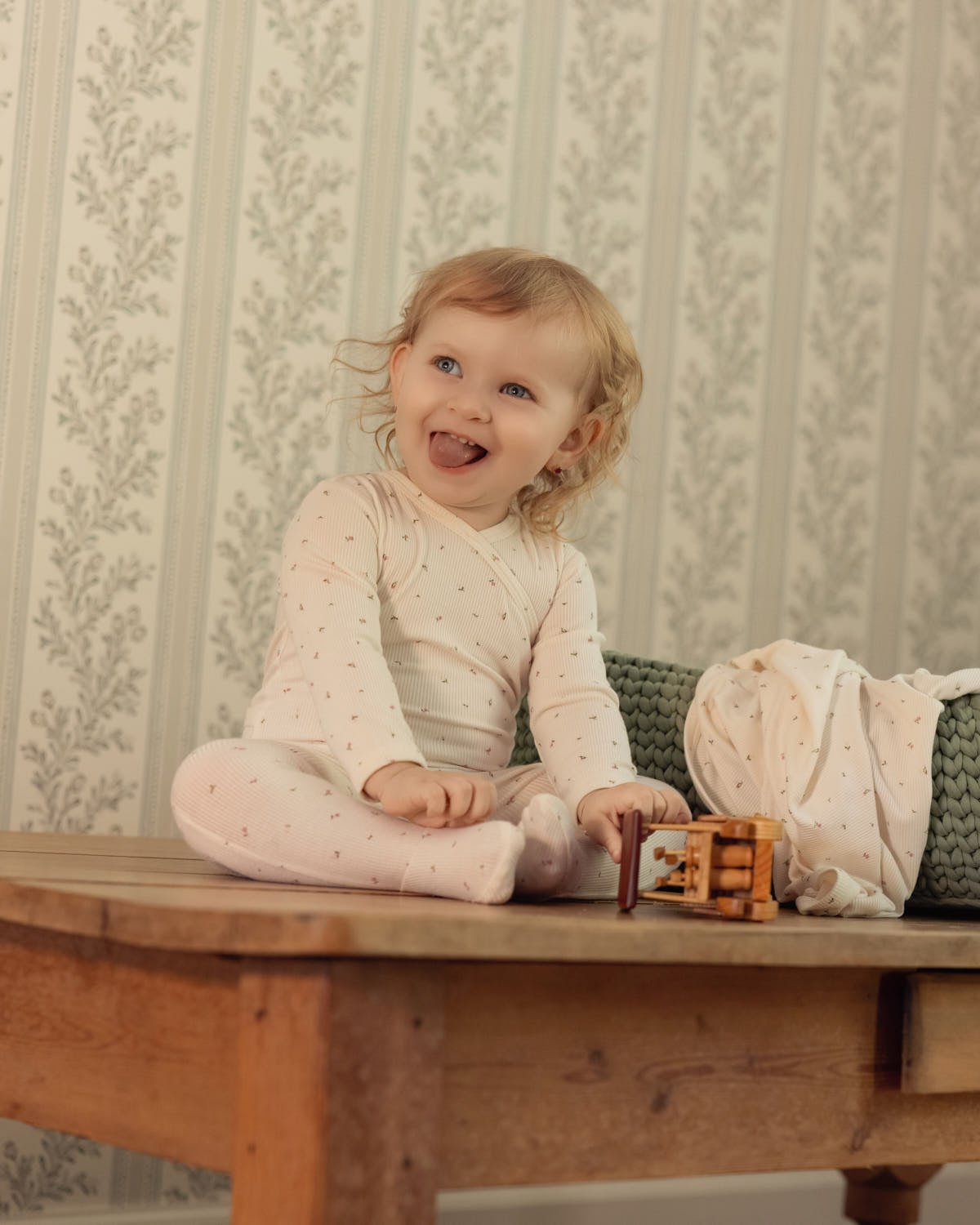 Baby "Sprigs Have Sprung" Mini-Rib Rayon-Blend Crossover-Neck Footie