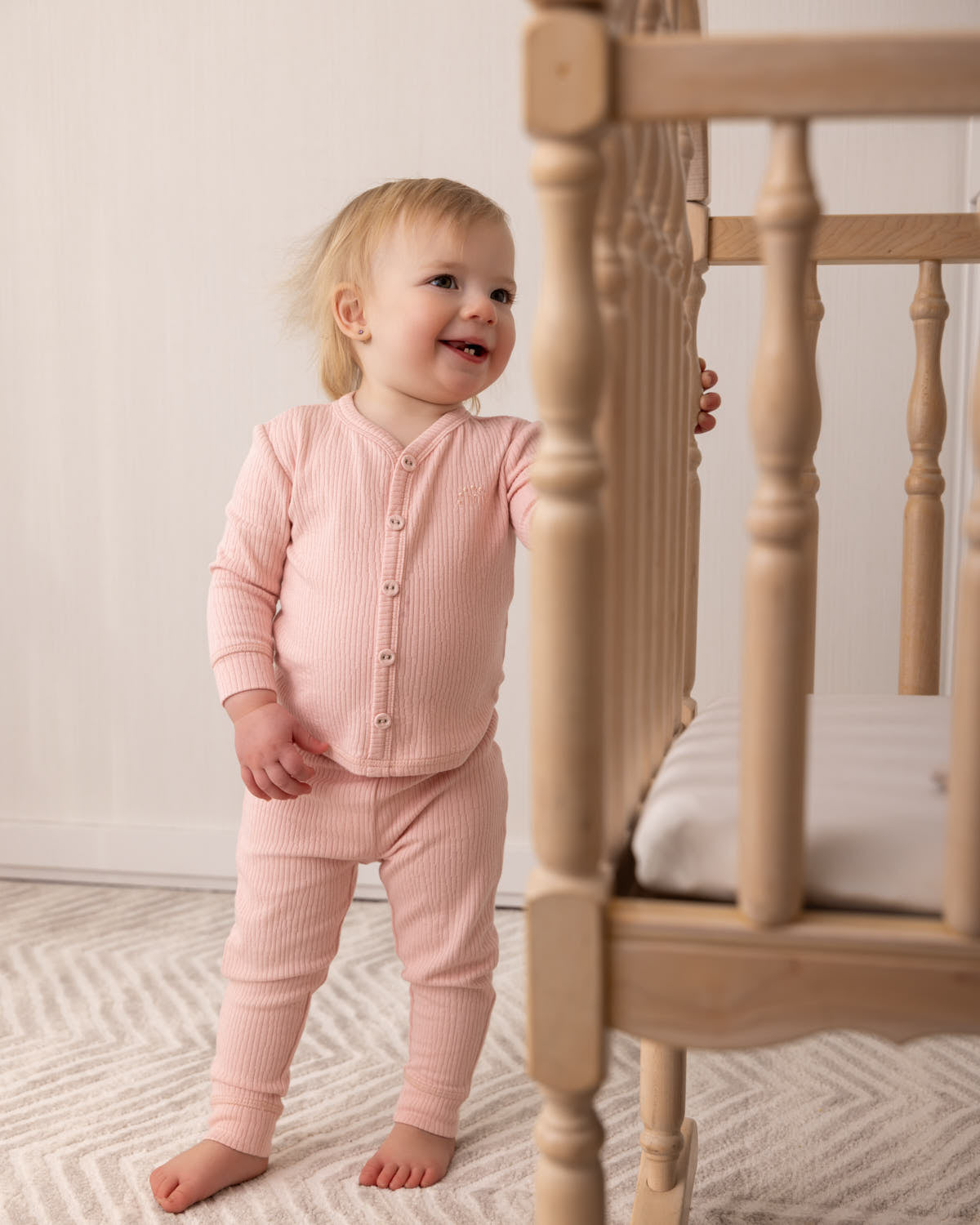 2 Piece Kids Ribbed Cotton Blend Solid Color Button-Down Pajama Set