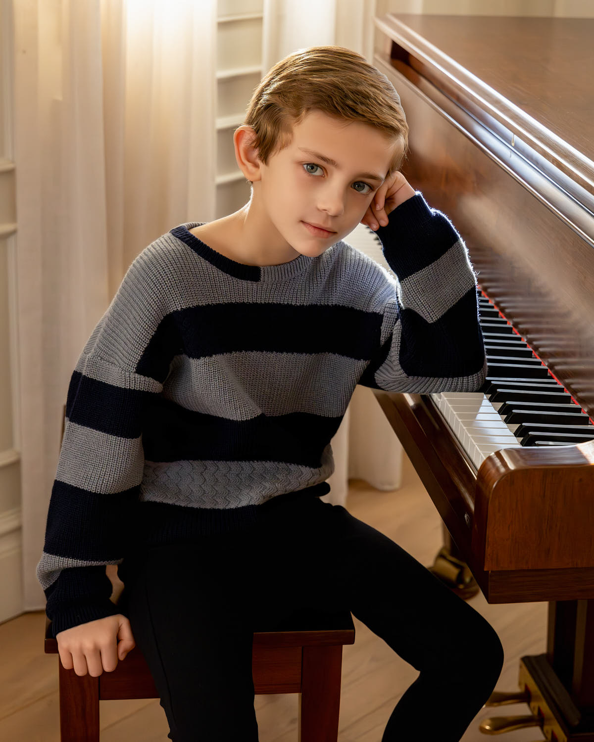 Boys 2-Tone Striped Cotton Rich Knit Pullover Sweater