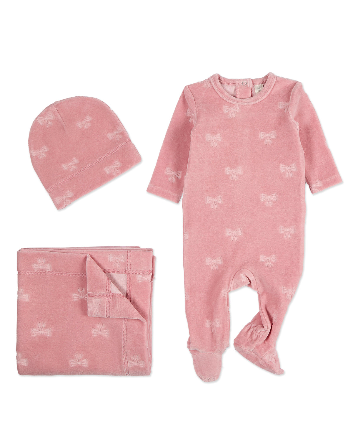 3 Piece Baby Girls "Velvet Bow" Cotton Rich Velour Footie Set