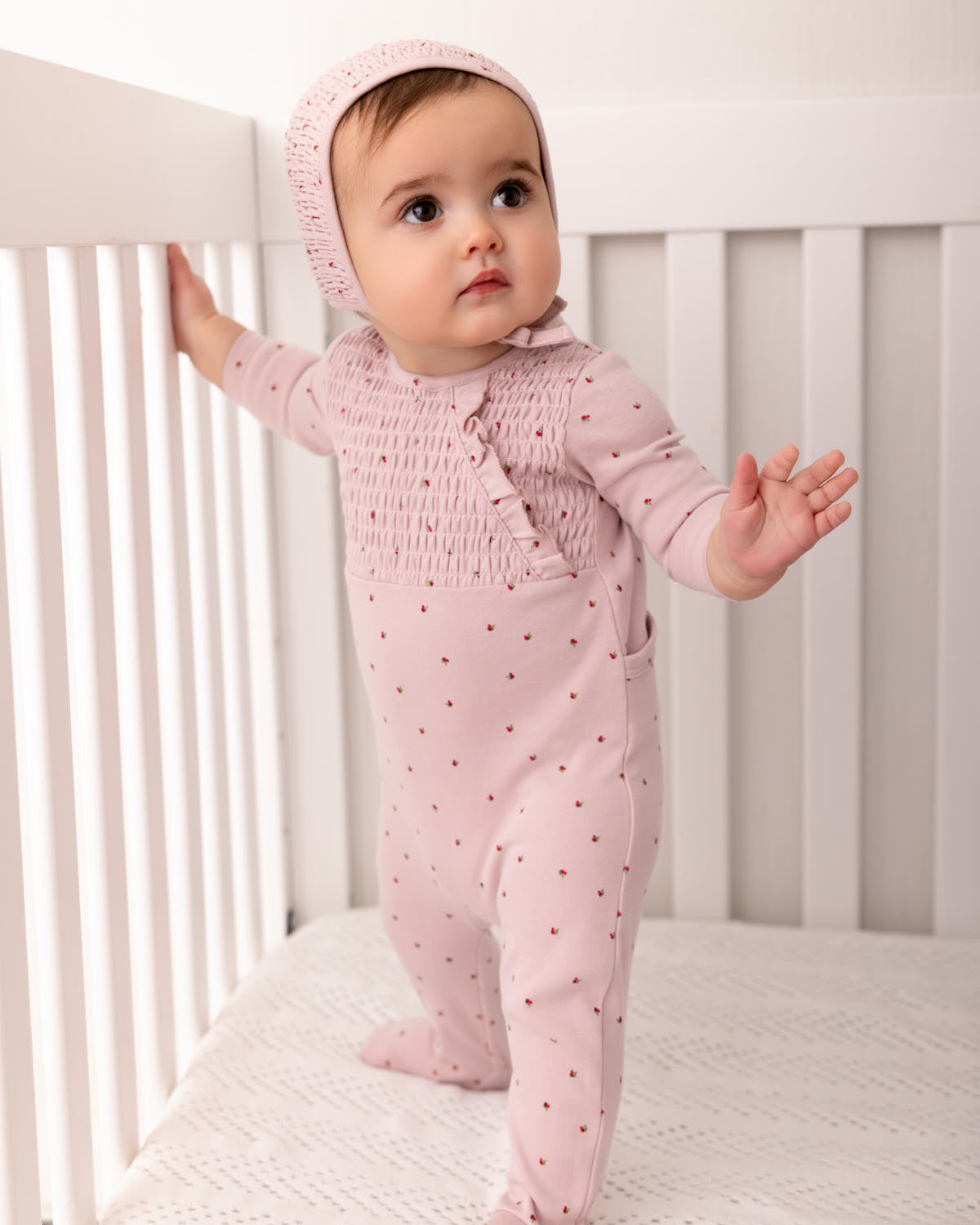 2 Piece Baby Girls "Sweet Cherry" 100% Cotton Smocked Footie Set