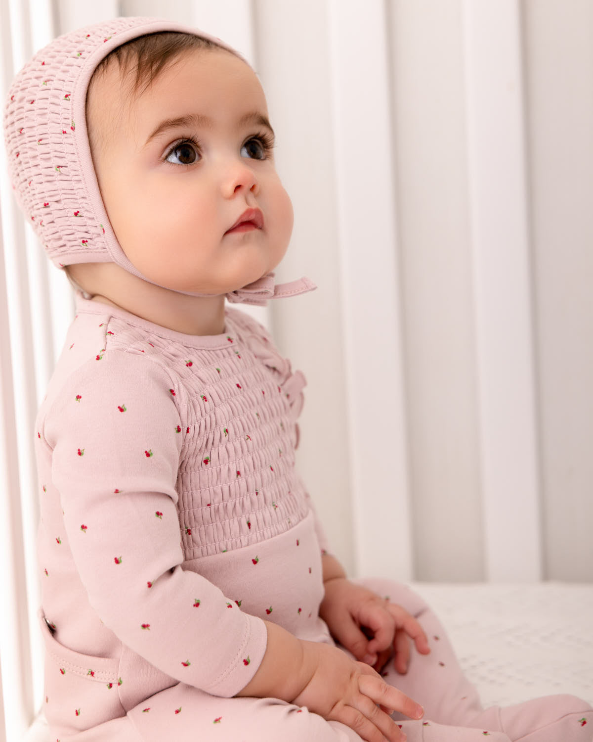 2 Piece Baby Girls "Sweet Cherry" 100% Cotton Smocked Footie Set
