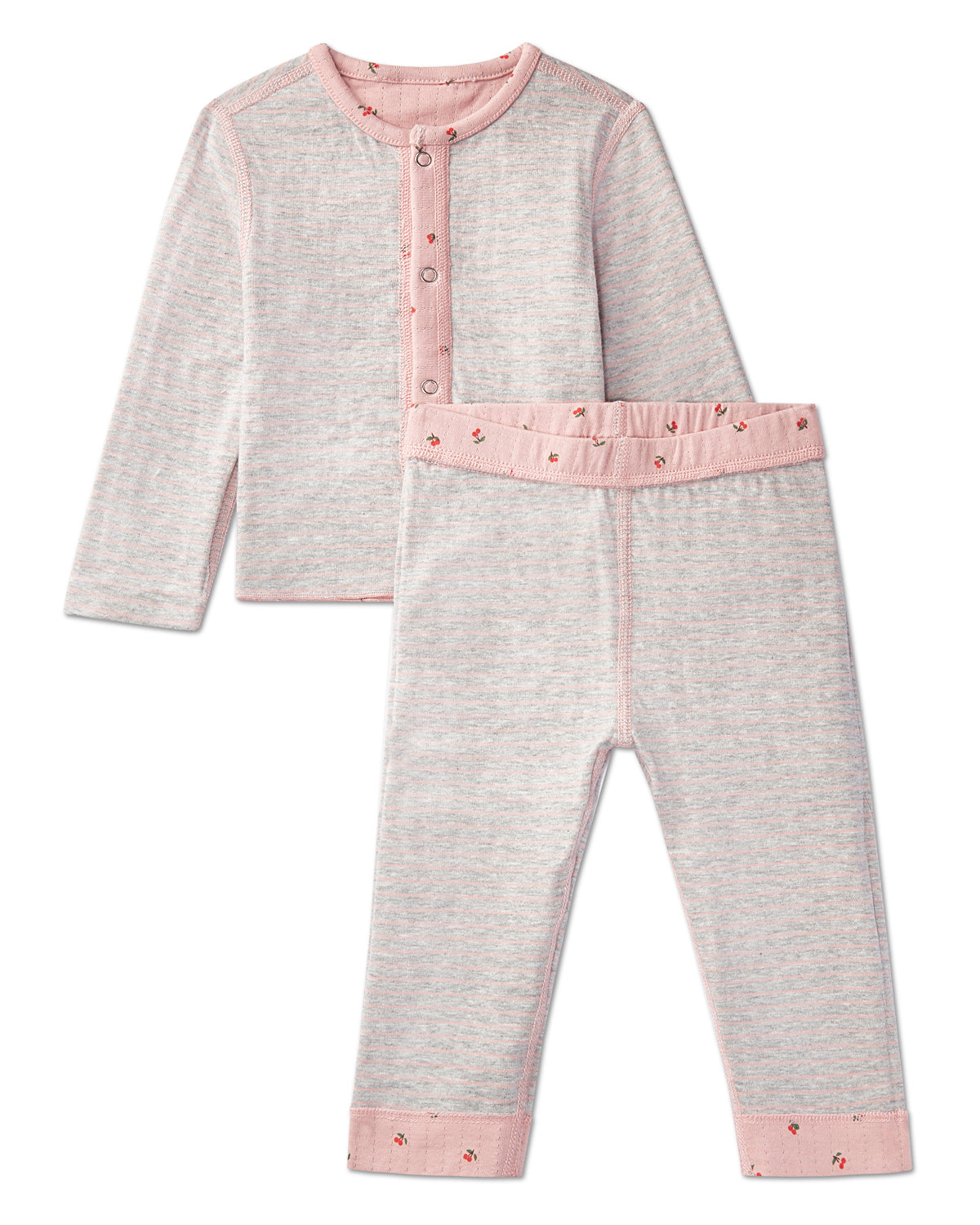 2 Piece Baby and Toddler Girls Reversible "Sweet Cherry" 100% Cotton Pointelle Snap-Up Top and Pants Set