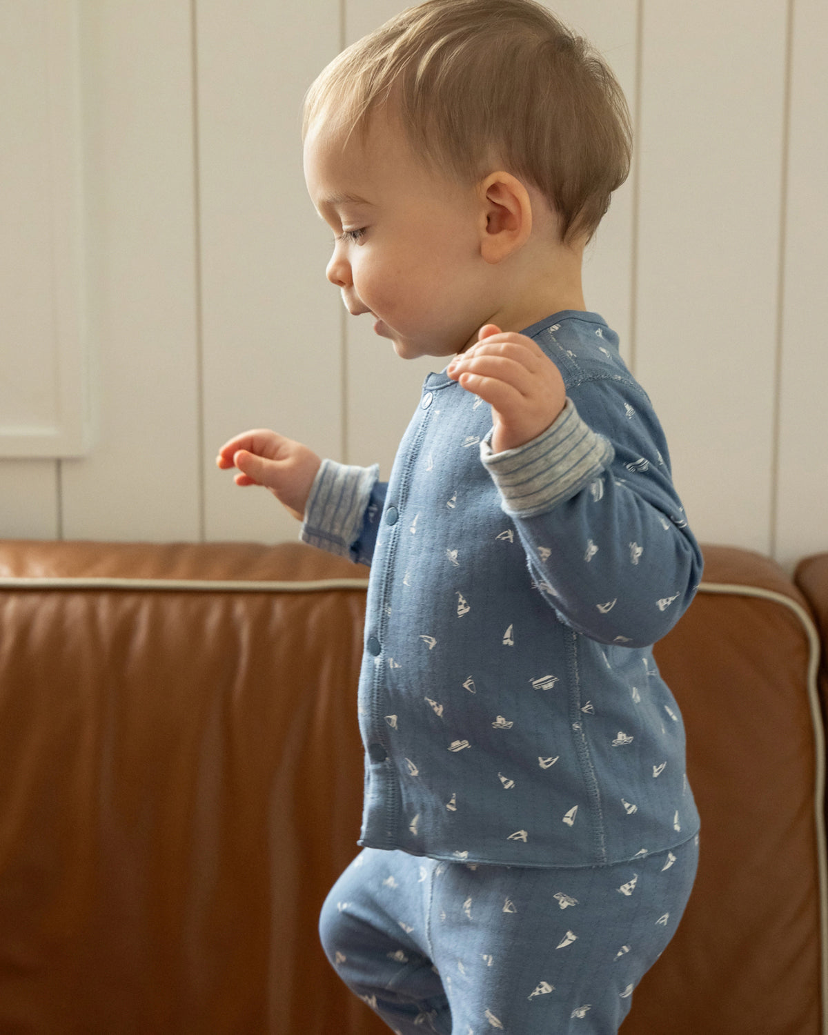 2 Piece Baby and Toddler Boys Reversible "Sail Away" 100% Cotton Pointelle Snap-Up Top and Pants Set