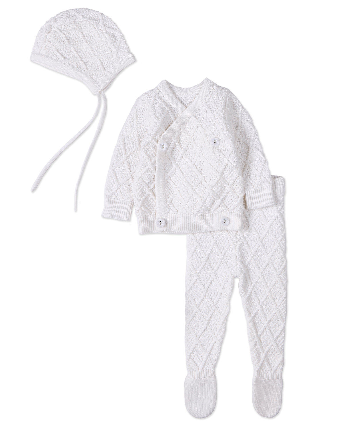 3 Piece Baby Unisex "Simply Sweet" White 100% Cotton Knit Cardigan Set