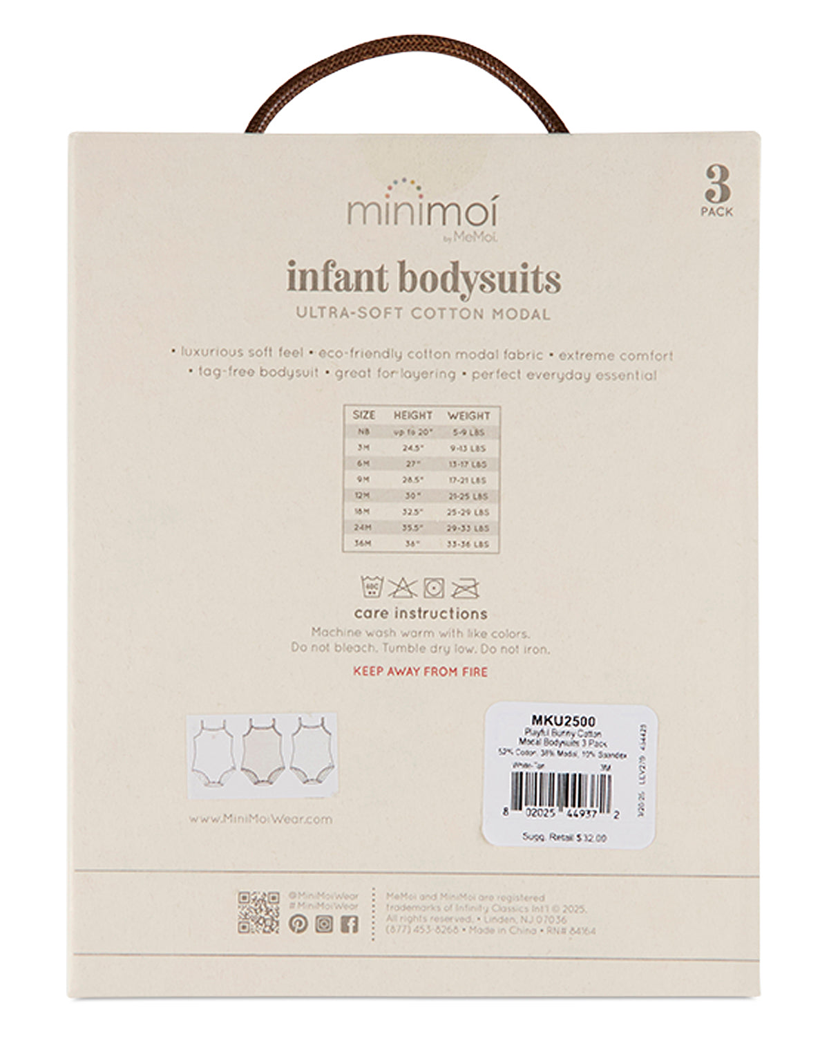 3 Pack Baby "Playful Bunny" Cotton / Modal Tag-Free Bodysuits