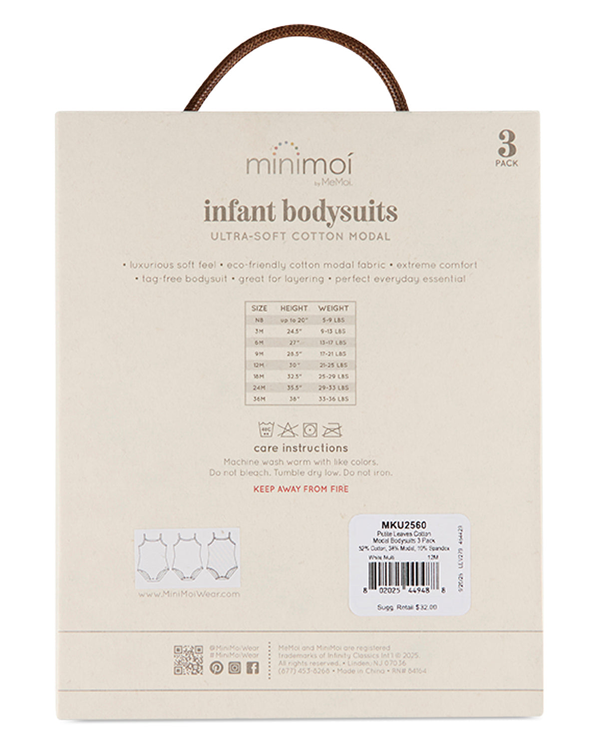 3 Pack Baby Cotton / Modal Bodysuits - Petite Leaves, Stripes, Solid
