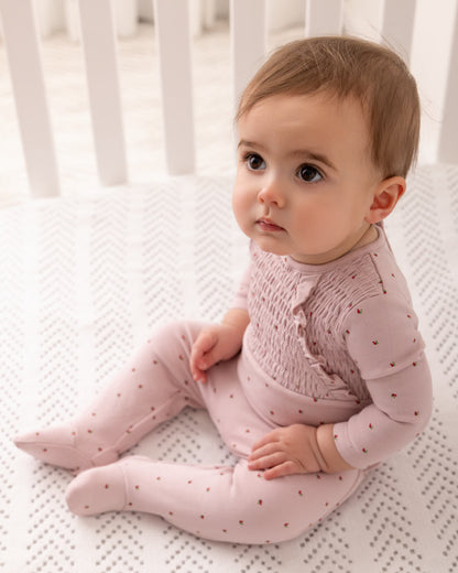 Baby and Toddler Girls "Sweet Cherry" 100% Cotton Ruffled Smocked Footie