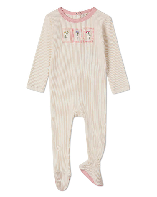 Baby Girls "Framed Florals" Ribbed Cotton-Blend Embroidered Footie