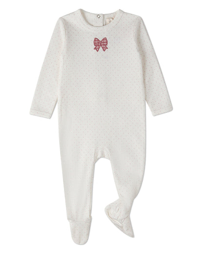Baby Girls "Put A Bow On It" 100% Cotton Embroidered Polka-Dot Footie