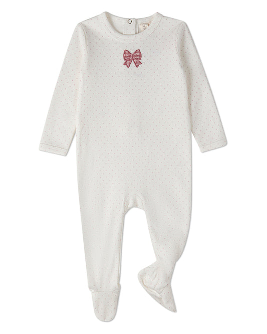 Baby Girls "Put A Bow On It" 100% Cotton Embroidered Polka-Dot Footie