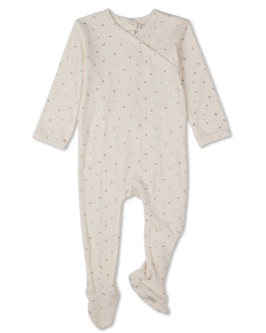 Baby "Sprigs Have Sprung" Mini-Rib Rayon-Blend Crossover-Neck Footie