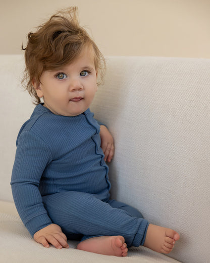 2 Piece Kids Ribbed Cotton-Blend Solid-Color Button-Down Lounge Set