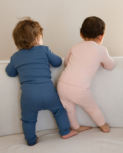 2 Piece Kids Ribbed Cotton-Blend Solid-Color Button-Down Lounge Set