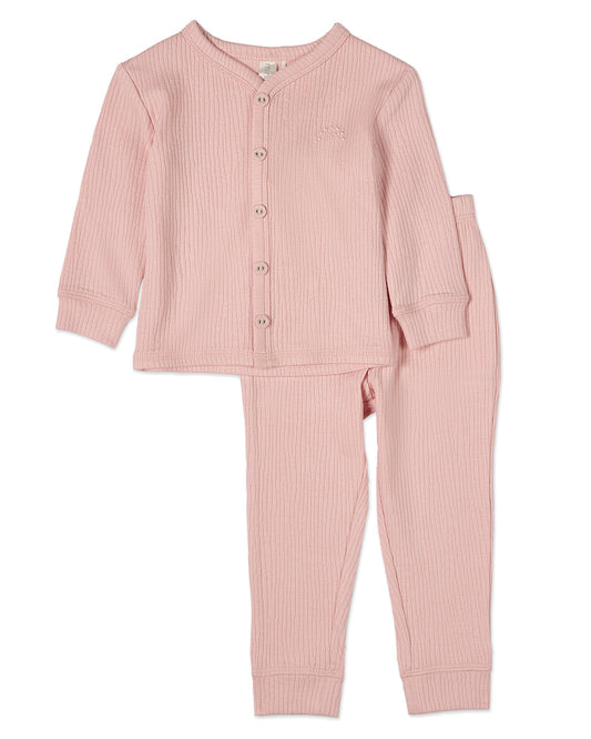 2 Piece Kids Ribbed Cotton Blend Solid Color Button-Down Pajama Set