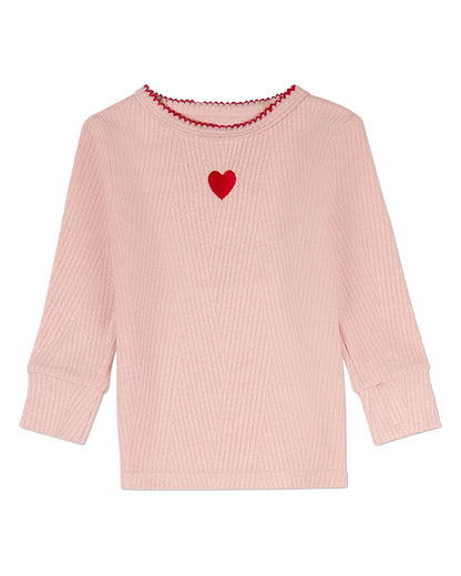 2 Piece Girls Heart-Embroidered Textured Ribbed Rayon-Blend Pajama Set