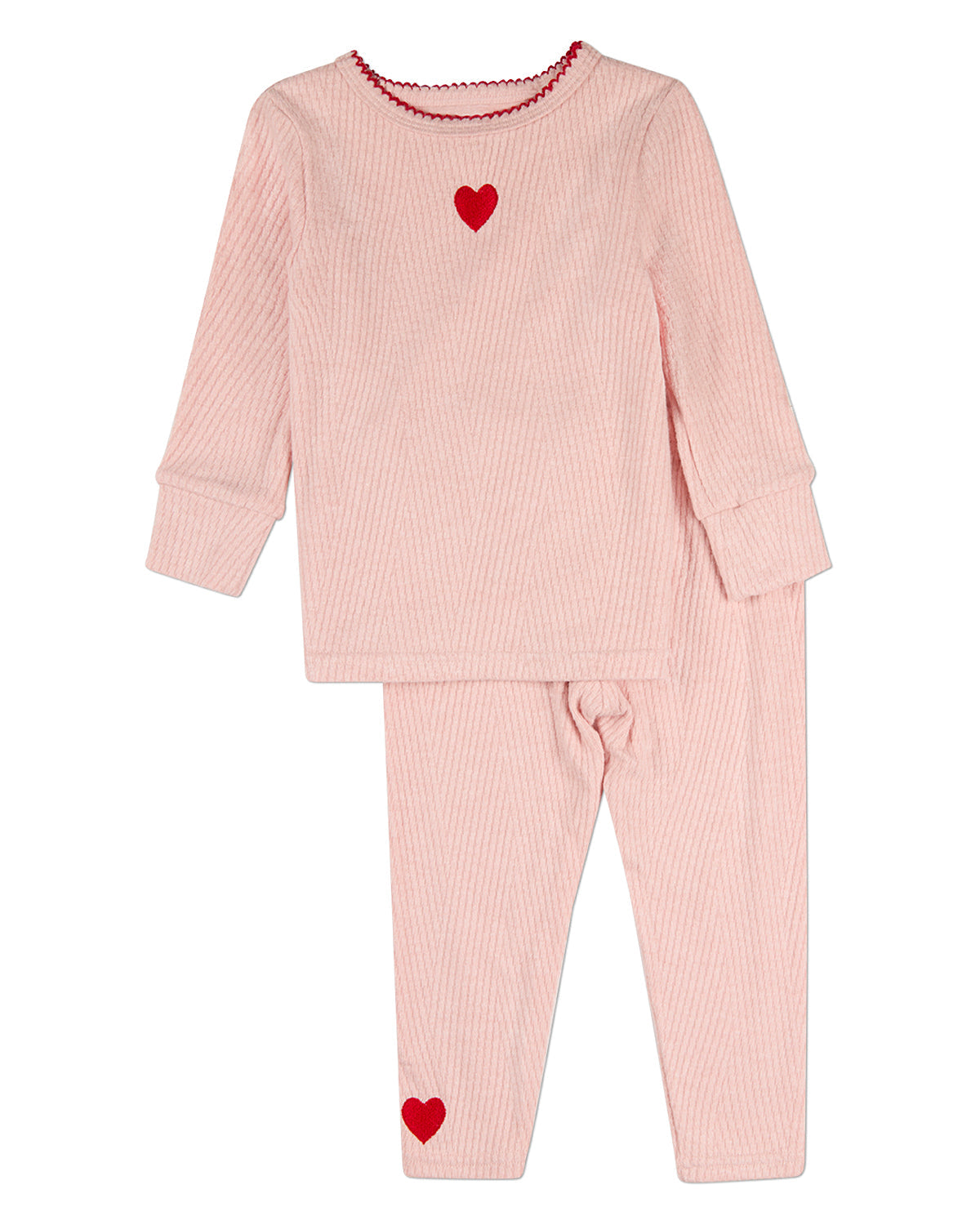 2 Piece Girls Heart-Embroidered Textured Ribbed Rayon-Blend Pajama Set