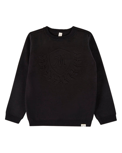 Boys 100% Cotton Knit Pullover Crewneck Sweater with Embossed 3D Crest
