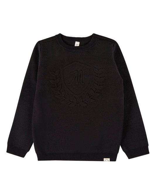 Boys 100% Cotton Knit Pullover Crewneck Sweater with Embossed 3D Crest