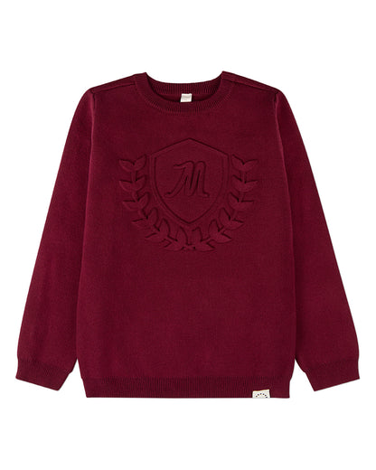 Boys 100% Cotton Knit Pullover Crewneck Sweater with Embossed 3D Crest