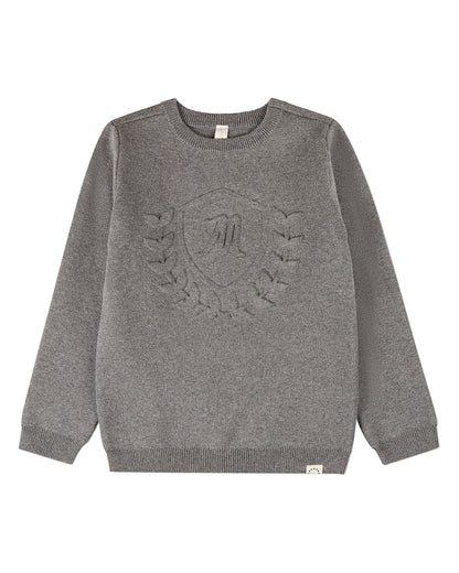 Boys 100% Cotton Knit Pullover Crewneck Sweater with Embossed 3D Crest