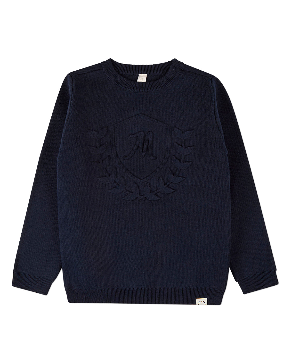 Boys 100% Cotton Knit Pullover Crewneck Sweater with Embossed 3D Crest
