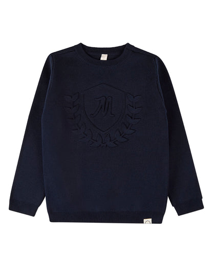 Boys 100% Cotton Knit Pullover Crewneck Sweater with Embossed 3D Crest