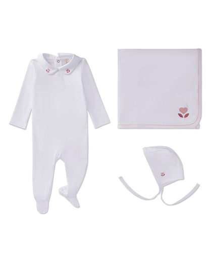 3 Piece Baby Girls 100% Pima Cotton Footie Set with Peter Pan Collar and Embroidered Hearts