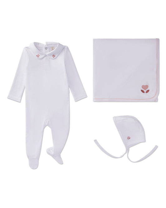 3 Piece Baby Girls 100% Pima Cotton Footie Set with Peter Pan Collar and Embroidered Hearts