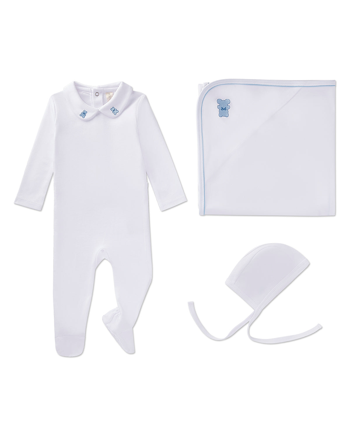 3 Piece Baby Boys 100% Pima Cotton Footie Set with Peter Pan Collar and Teddy Bear Embroidery