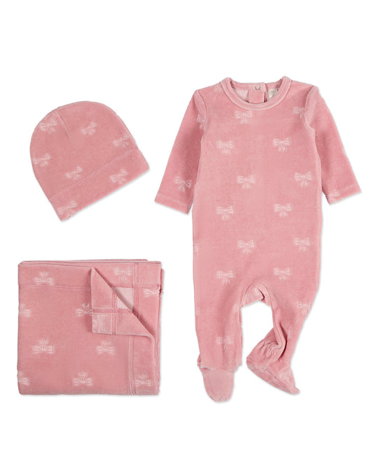 3 Piece Baby Girls "Velvet Bow" Cotton Rich Velour Footie Set