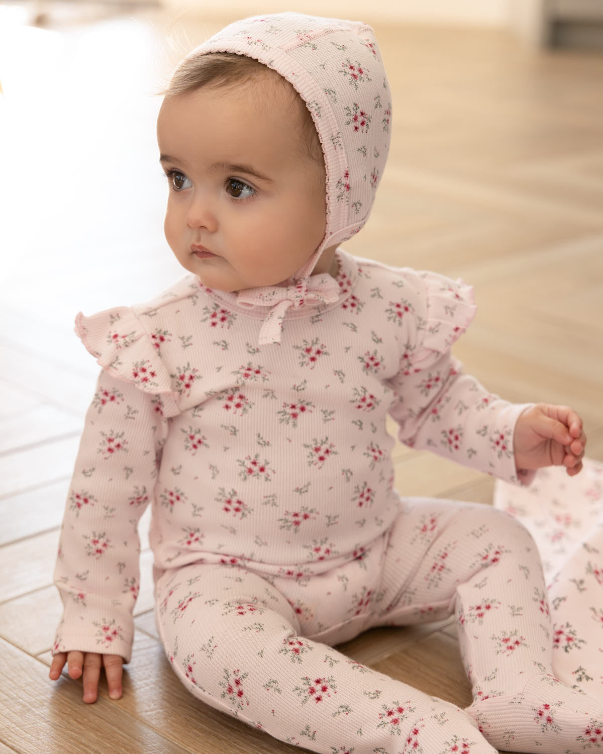 3 Piece Baby Girls Mini-Ribbed Cotton Rich Ruffled-Sleeve Floral Footie Set