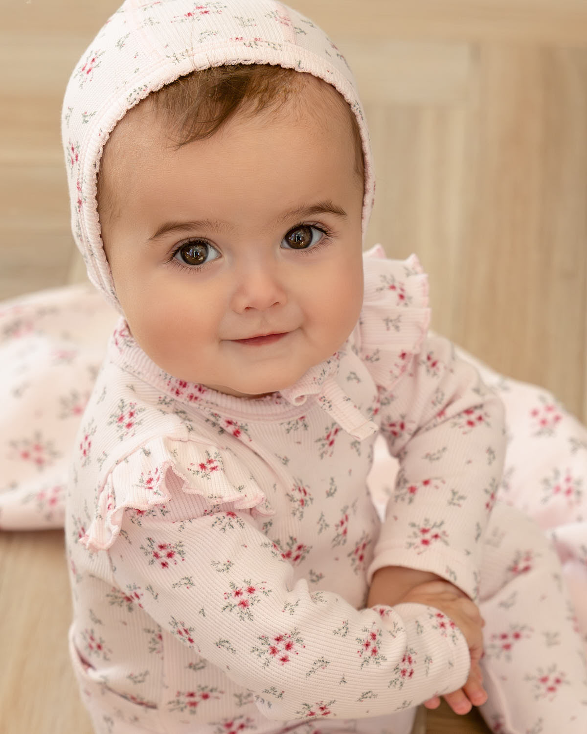 3 Piece Baby Girls Mini-Ribbed Cotton Rich Ruffled-Sleeve Floral Footie Set