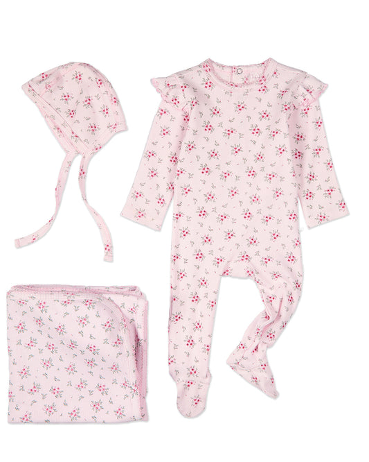3 Piece Baby Girls Mini-Ribbed Cotton Rich Ruffled-Sleeve Floral Footie Set