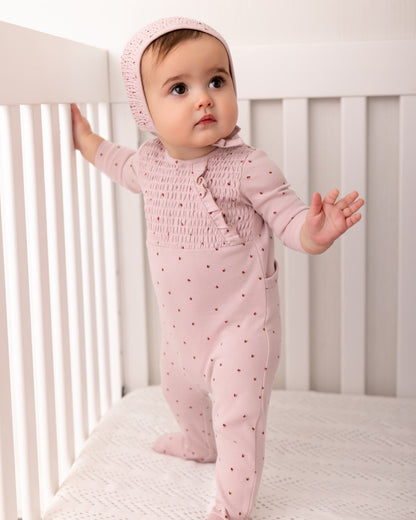 2 Piece Baby Girls "Sweet Cherry" 100% Cotton Smocked Footie Set