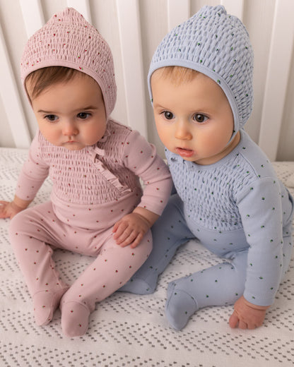 2 Piece Baby Girls "Sweet Cherry" 100% Cotton Smocked Footie Set