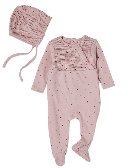 2 Piece Baby Girls "Sweet Cherry" 100% Cotton Smocked Footie Set