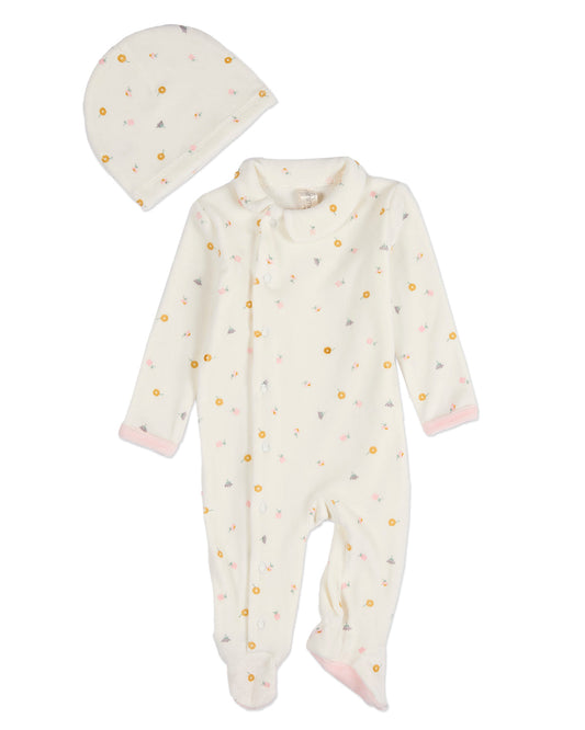 2 Piece Baby Girls "Lily Of The Valley" Cotton Rich Velour Footie Set
