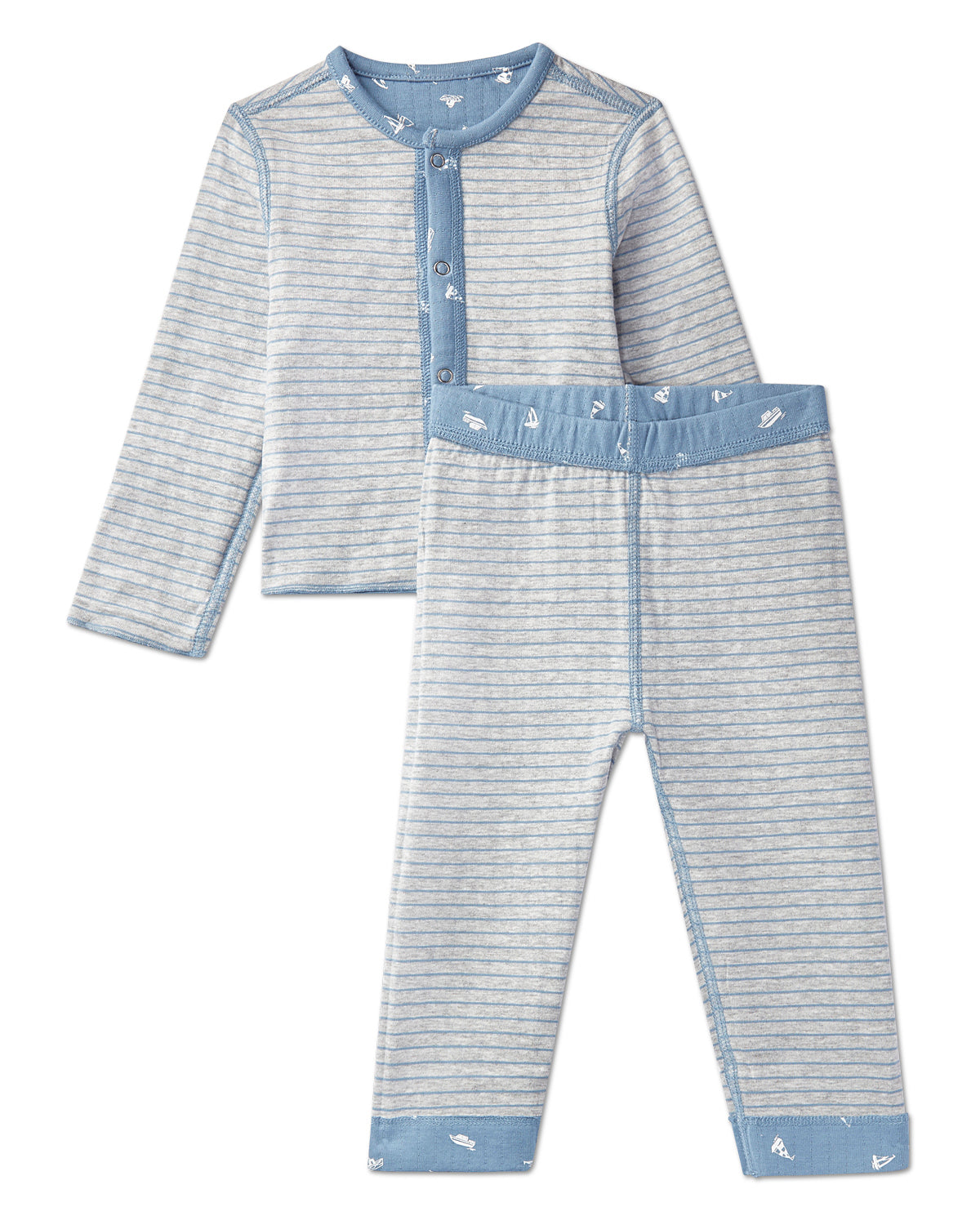 2 Piece Baby and Toddler Boys Reversible "Sail Away" 100% Cotton Pointelle Lounge and Pajama Set