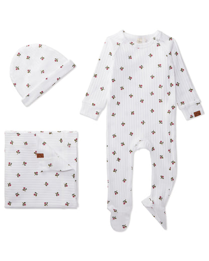 3 Piece Ribbed "Flower Bud" Cotton Rich Footie Set