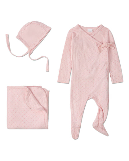 3 Piece Baby Girls "Little Hearts" Pointelle Rayon from Bamboo Blend Footie Set