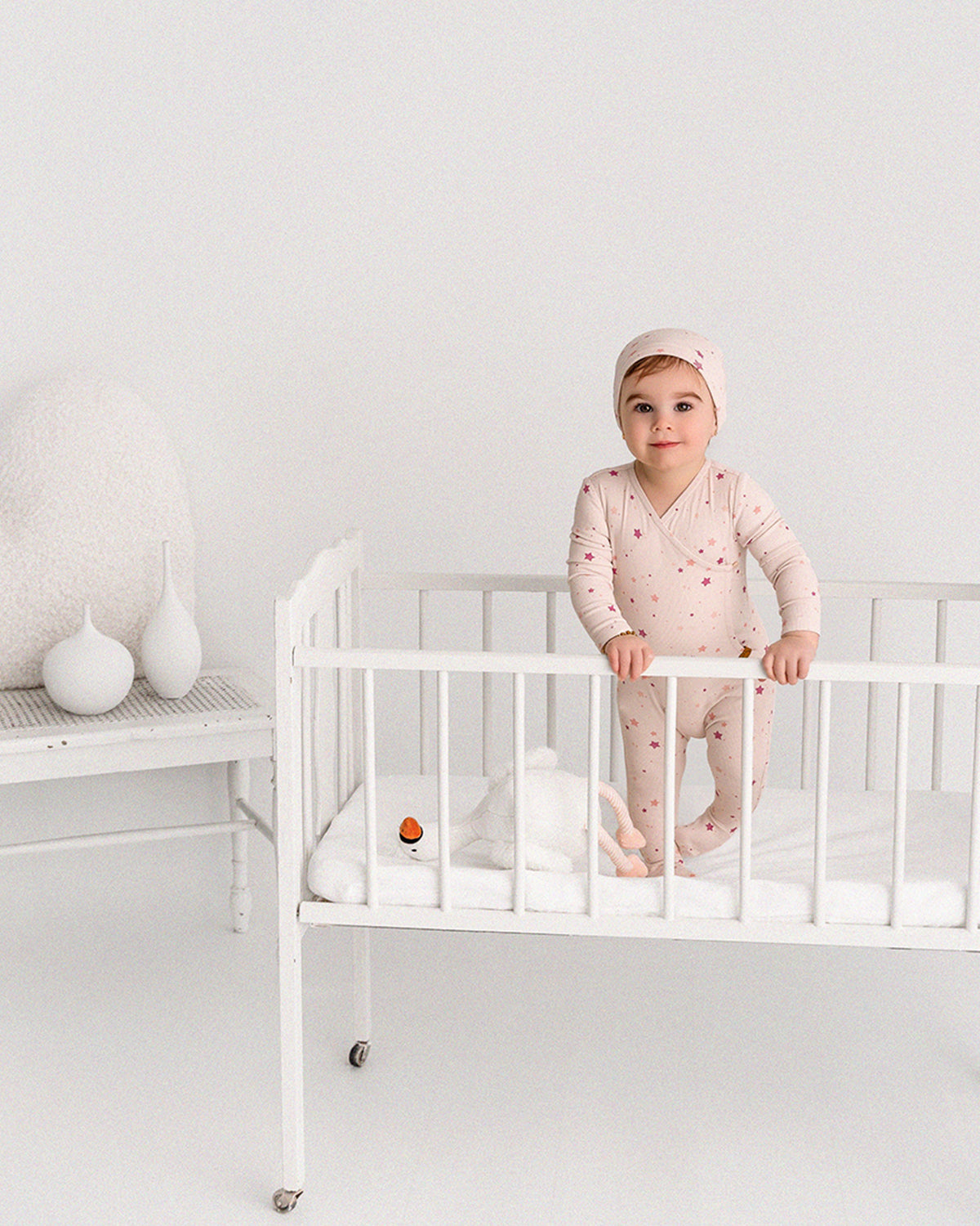 2 Piece Set Baby Ribbed Rayon-Blend Star-Pattern Footie and Beanie