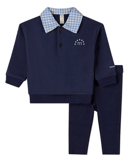 2 Piece Boys Fleece Gingham-Collared Sweatshirt and Sweatpants Set