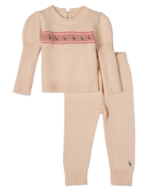 2 Piece Baby and Toddler Girls "Tiptoe Through The Tulips" 100% Cotton Knit Embroidered Legging Set