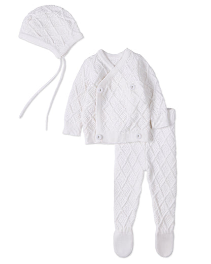 3 Piece Baby Unisex "Simply Sweet" White 100% Cotton Knit Cardigan Set