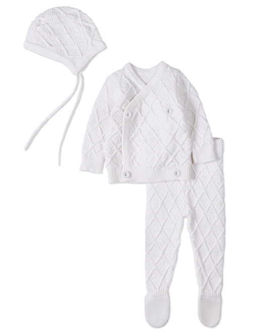 3 Piece Baby Unisex "Simply Sweet" White 100% Cotton Knit Cardigan Set